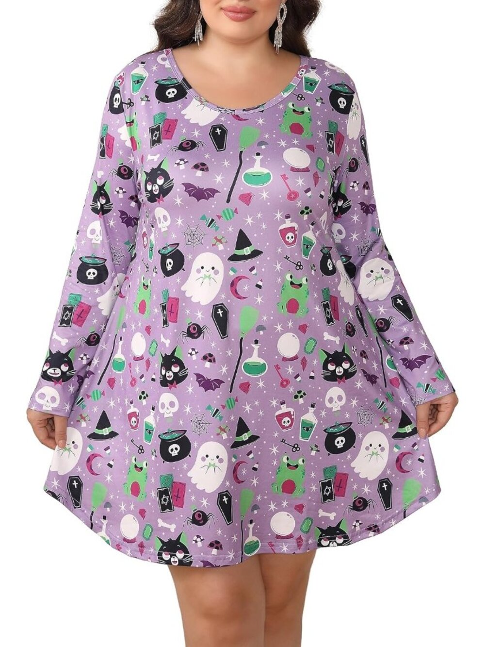 Women's Purple Magic Halloween Long Sleeve Print Swing Short Cute Costume Dress